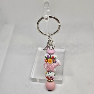 NWT Floral Watercan Bling and Beaded Metal Silvertone Keychain